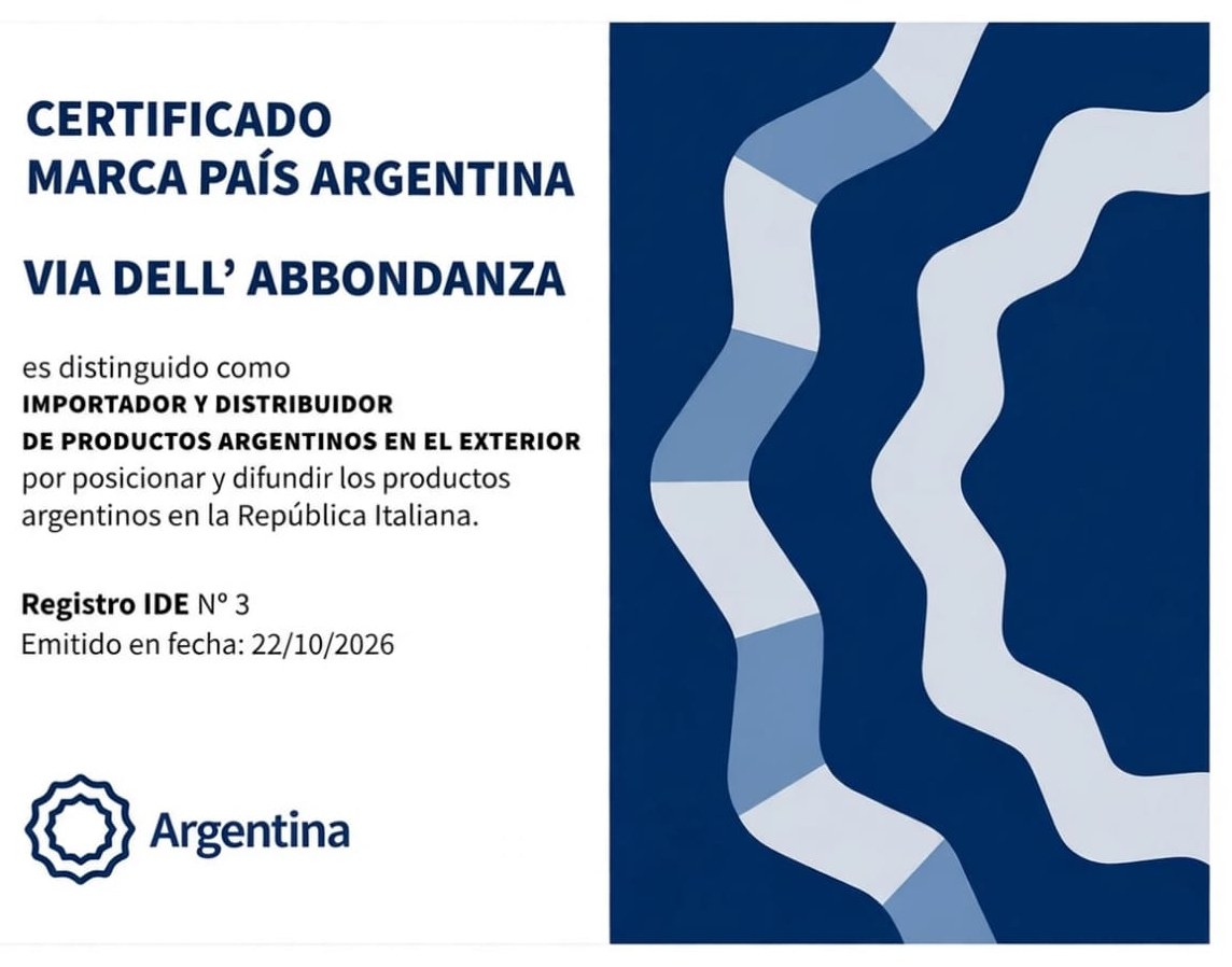 Certificado Marca País Argentina — Via dell'Abbondanza, importador y distribuidor de productos argentinos